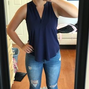 Lush: Navy V-neck Blouse Tank with Collar